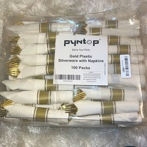 Gold plastic silverware with napkins